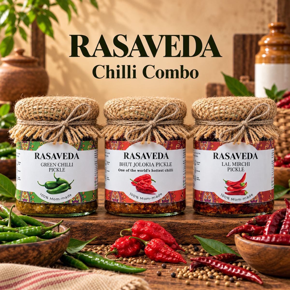 Chilli Combo - Green Chilli Pickle, Red Chilli Pickle and King Chilli Pickle/ Raja Mirchi