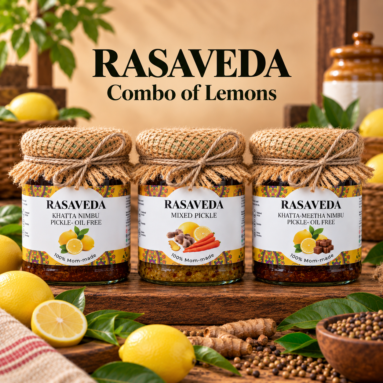 Lemon Pickle Combo - Khatta Nimbu Pickle, Khatta Meetha Nimbu Pickle and Mixed Pickle