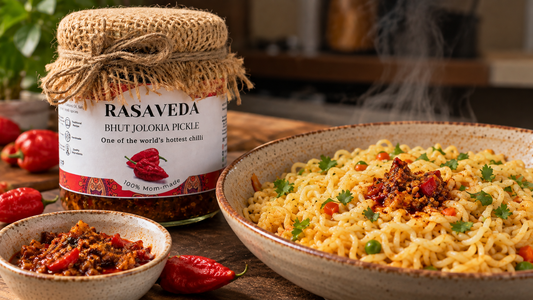 Simple Bhut Jolokia Maggi Recipe : A Twist with Rasaveda King Chilli Pickle