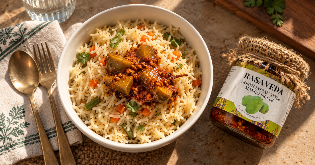 MANGO PICKLE ACHARI PULAO – AN UNBEATABLE COMBINATION OF ZESTY MANGO PICKLE AND THE EVER-POPULAR PULAO