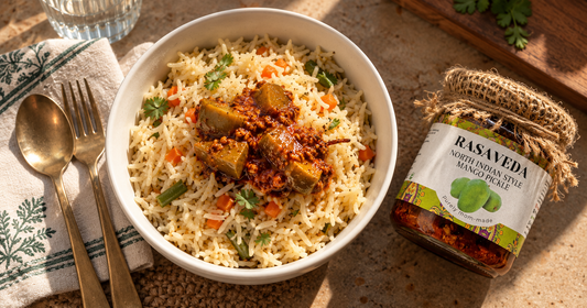 MANGO PICKLE ACHARI PULAO – AN UNBEATABLE COMBINATION OF ZESTY MANGO PICKLE AND THE EVER-POPULAR PULAO