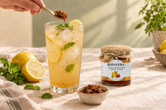  A spoonful of Khatta-Meetha Nimbu Pickle being added to a glass of golden shikanji with ice, lemon and mint, beside a Rasaveda pickle jar.