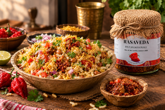 Bhel puri topped with sev and fresh coriander beside a jar of RASAVEDA Bhut Jolokiya Pickle