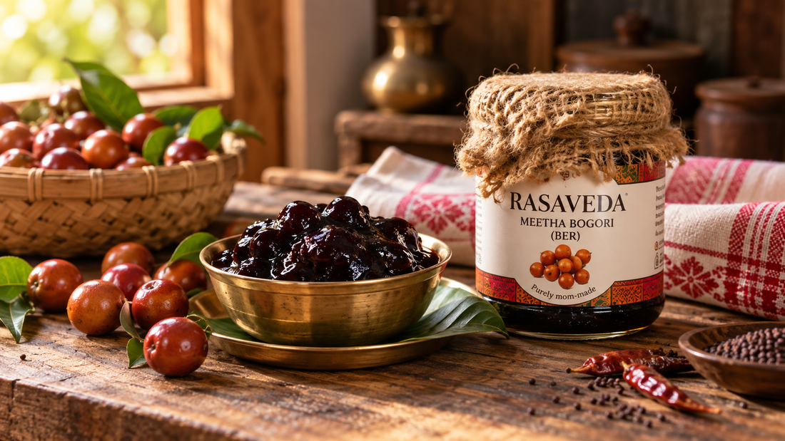Rasaveda Meetha Bogori (Ber) pickle in a jar beside a bowl of Bogori achar and fresh Bogori fruits.