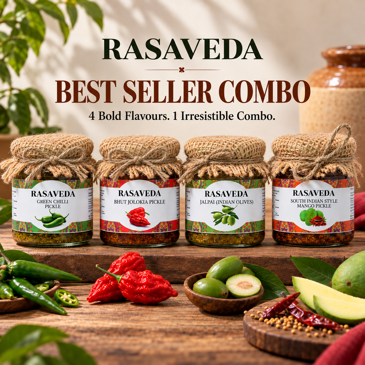 Best Seller Pickle Combo - Green chilli, Bhut jolokia, Jalpai, South Indian Style Mango