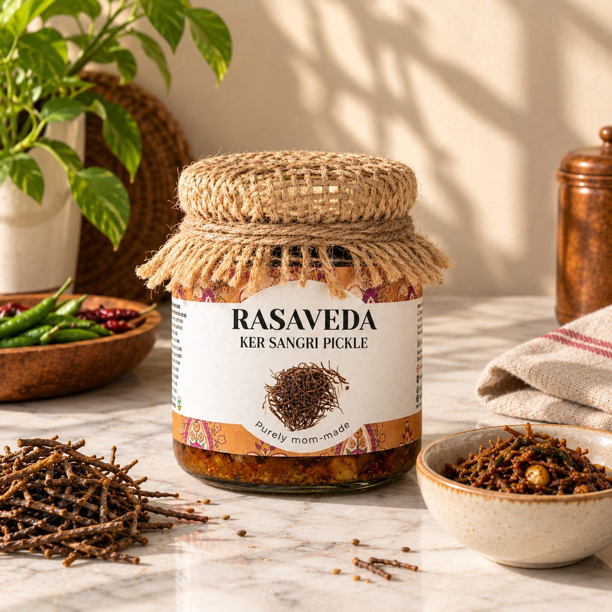 A jar of Rasaveda Ker Sangri Pickle sits on a marble countertop in a styled kitchen setting, surrounded by bowls of spices, green chilies, and a plant in the background.