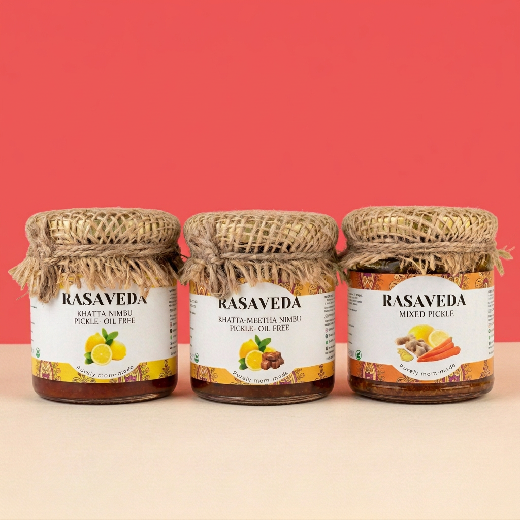 Khatta Nimbu, Khatta-Meetha Nimbu and Mixed Pickle combo with a bright watermelon-red background and cream bottom