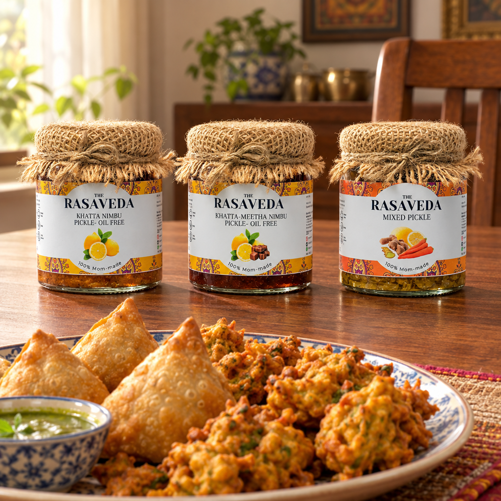 Khatta Nimbu, Khatta Meetha Nimbu and Mixed Pickle with Indian snacks