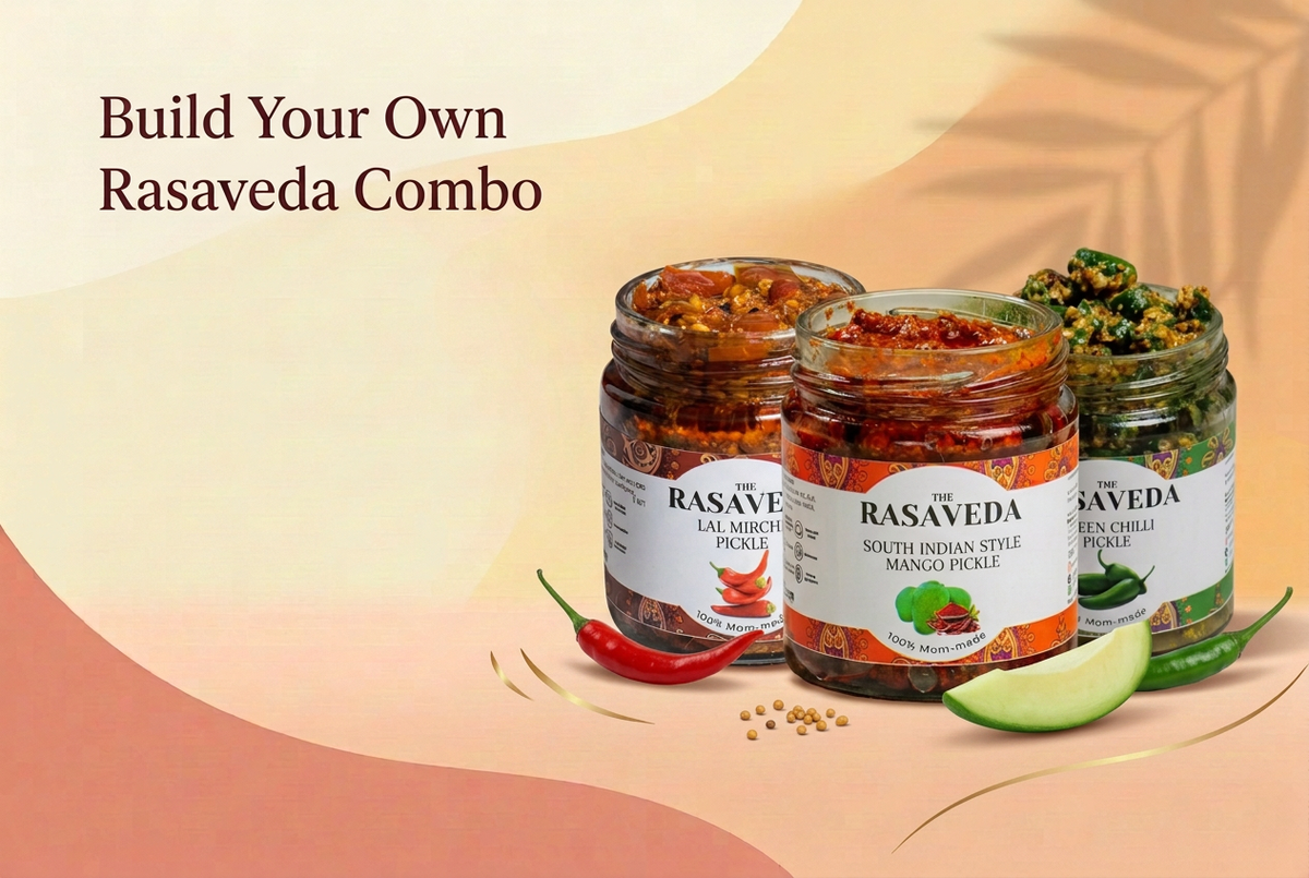 Rasaveda combo banner with mango, chillies and spice accents