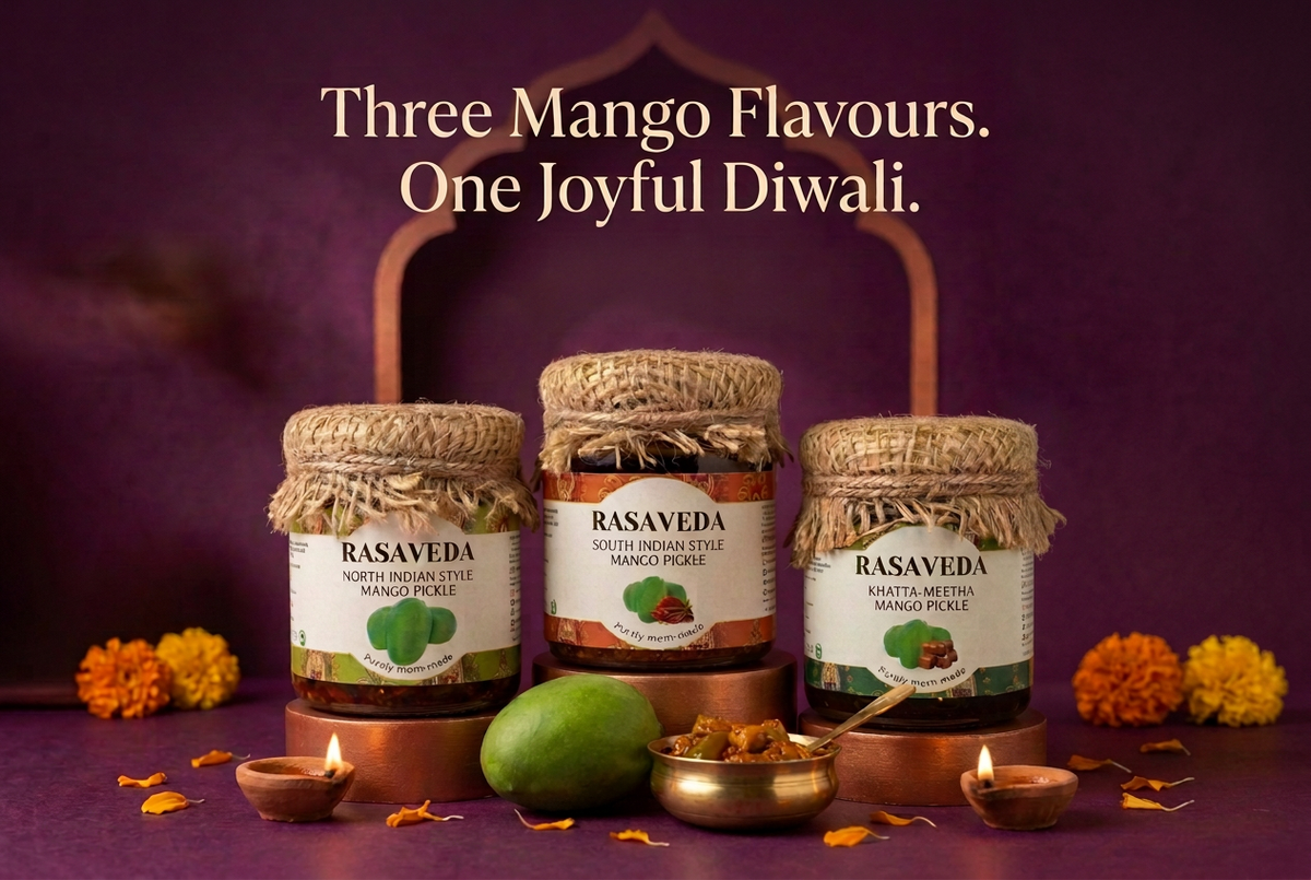 Rasaveda Mango Combo banner with full purple background