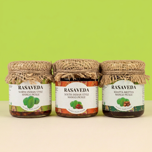 Rasaveda Mango Pickle Combo featuring Punjabi Style Mango Pickle, South Indian Style Mango Pickle and Khatta Meetha Mango Pickle.