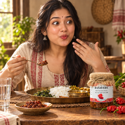 Woman reacting to the heat after tasting Bhut Jolokia pickle